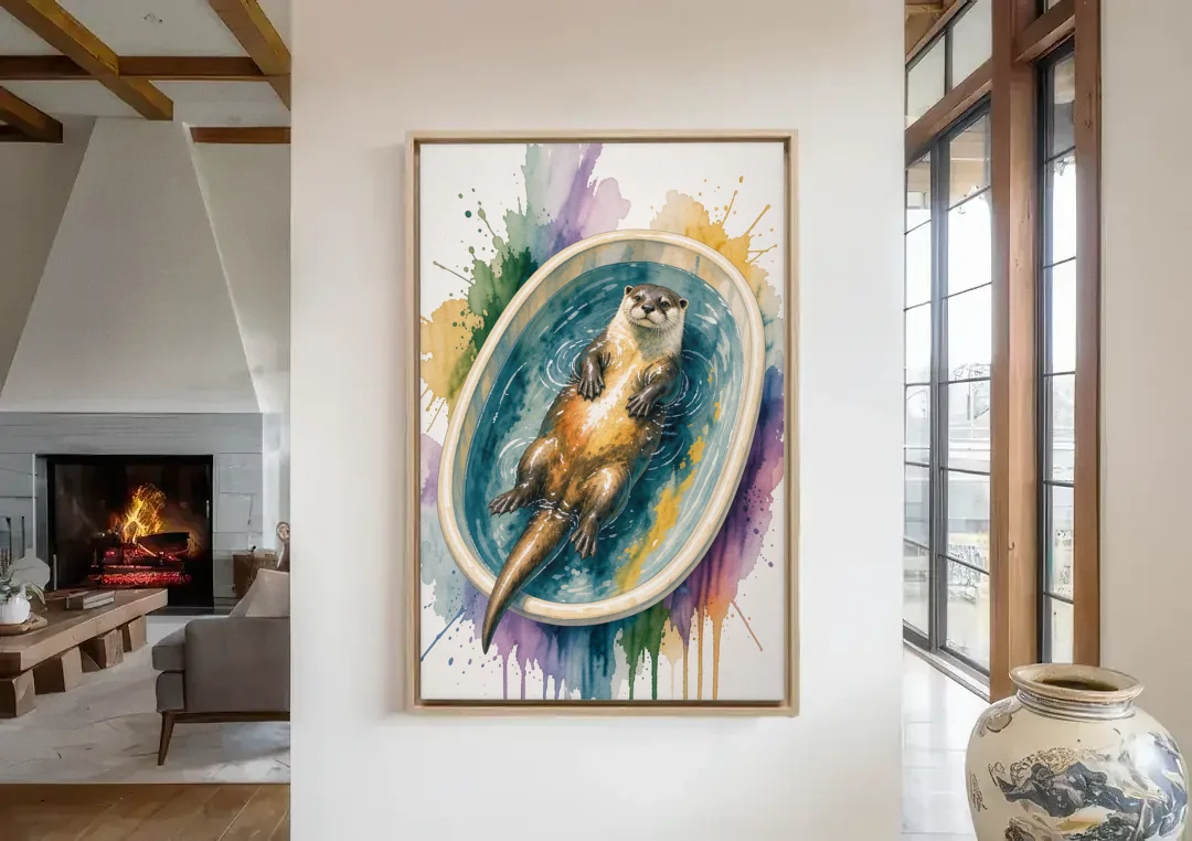 Animals in Bathtub Wall Art with a Floating Otter canvas wall art in a living room with a fireplace