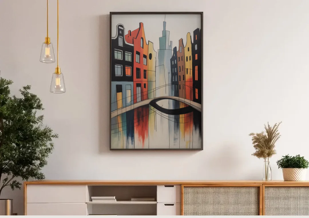 Anne Frank's Amsterdam canvas wall art above a wooden sideboard under pendant lights