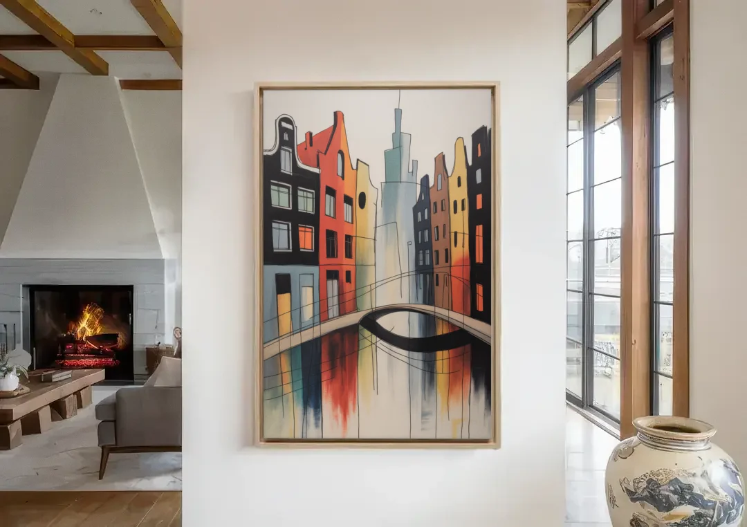 Anne Frank's Amsterdam canvas wall art in a living room with a fireplace
