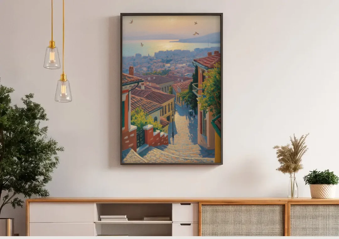Ano Poli Views canvas wall art above a wooden sideboard under pendant lights