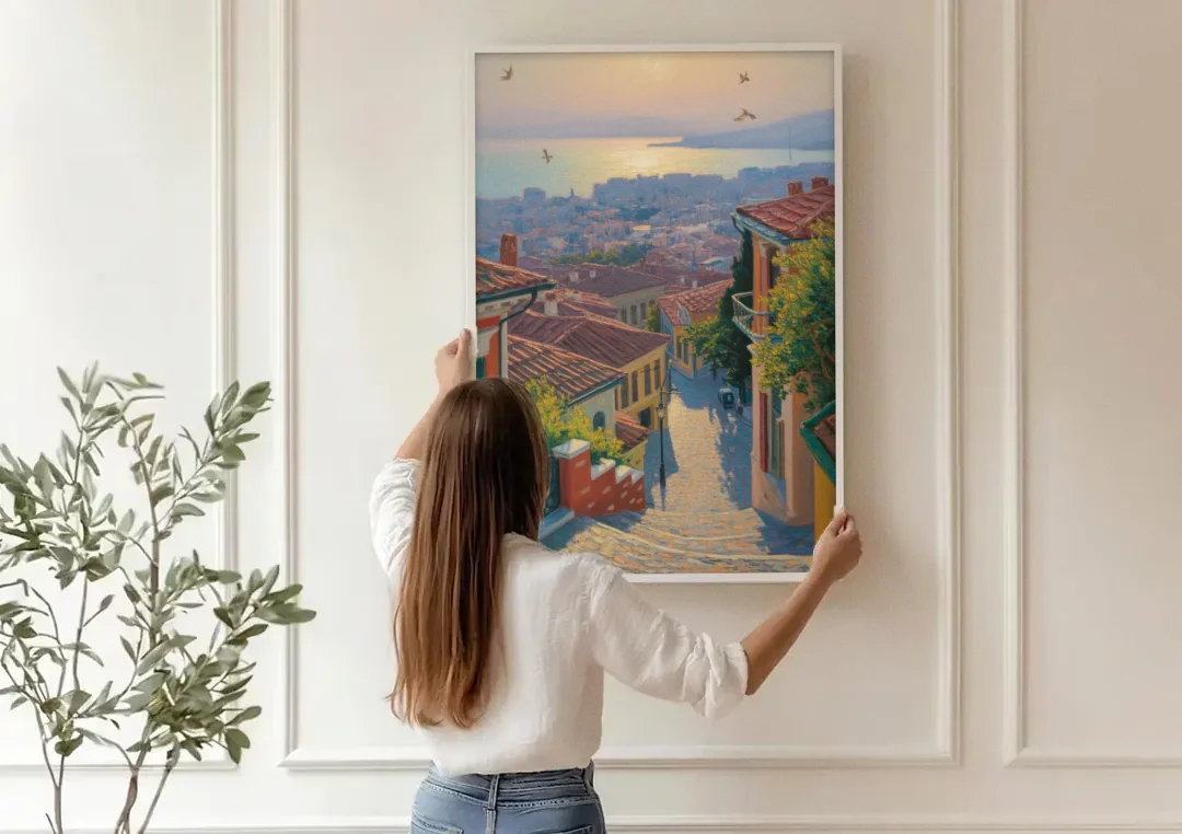 Ano Poli Views canvas wall art being hung on a paneled wall