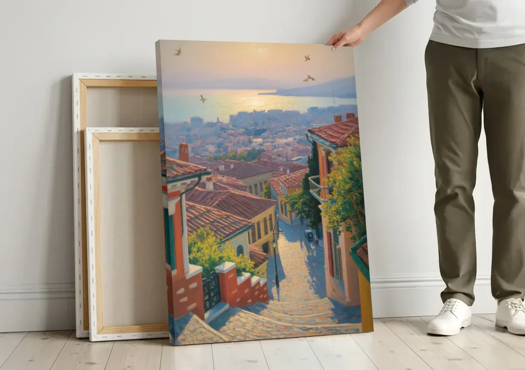 Ano Poli Views canvas wall art leaning against a wall next to blank canvases
