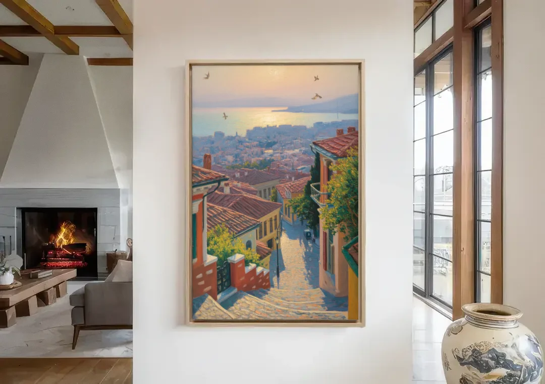 Ano Poli Views canvas wall art in a living room with a fireplace