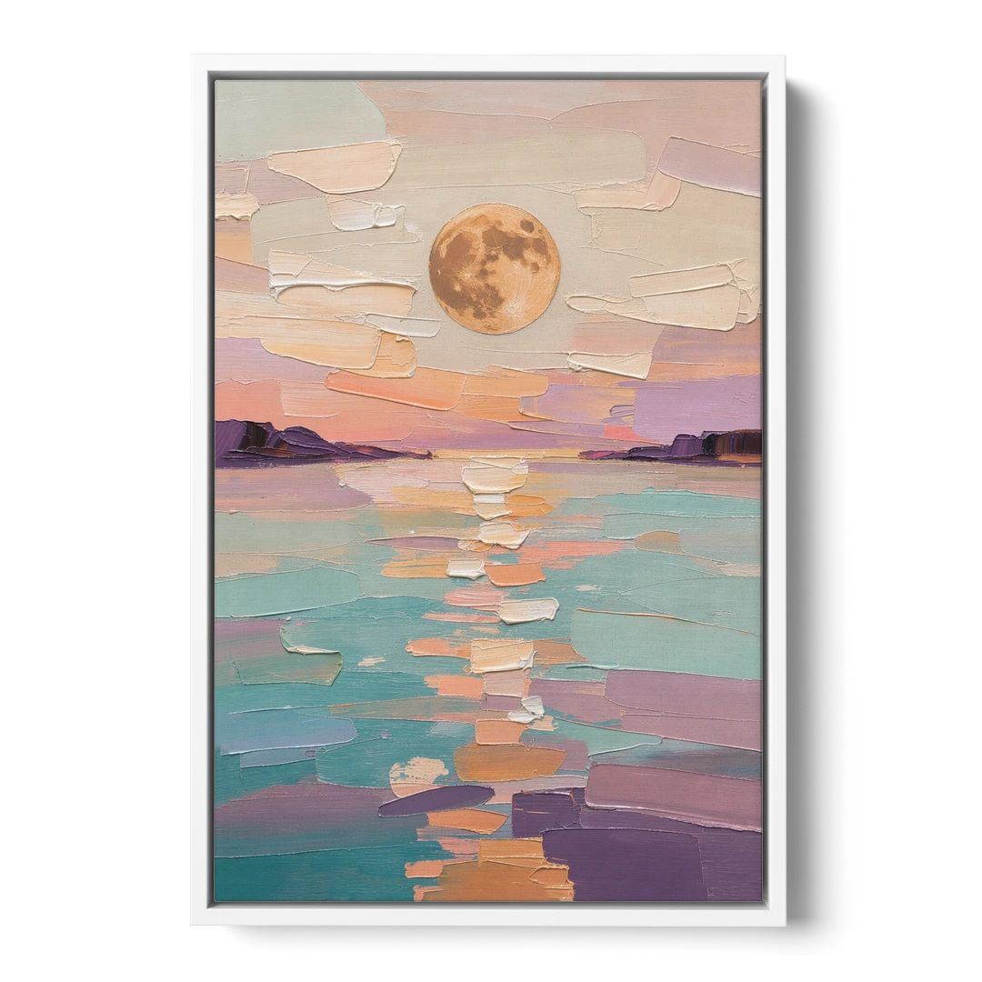 Apricot Moon Over a Teal Lagoon - White Framed Canvas Wall Art - Front