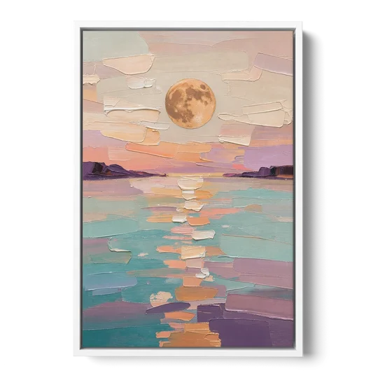 Apricot Moon Over a Teal Lagoon - White Framed Canvas Wall Art - Front