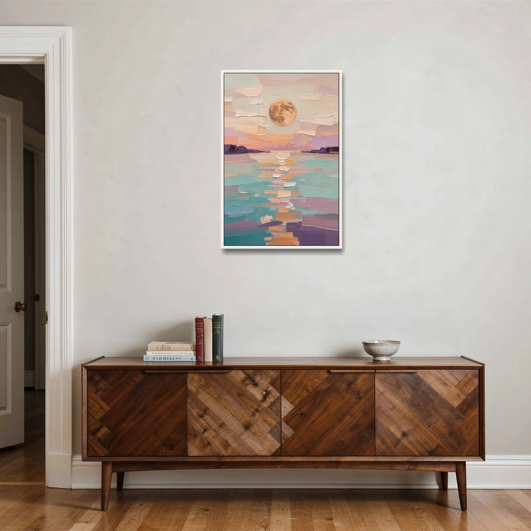 Apricot Moon Over a Teal Lagoon - White Framed Canvas Wall Art - Coffee Table - 24x36