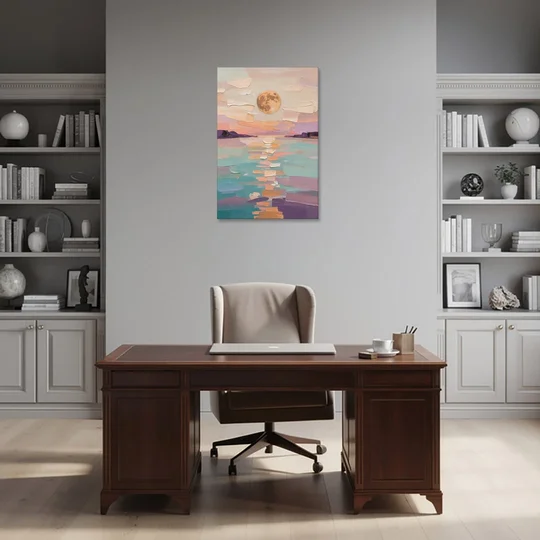 Apricot Moon Over a Teal Lagoon - Canvas Wall Art - Office - 24x36