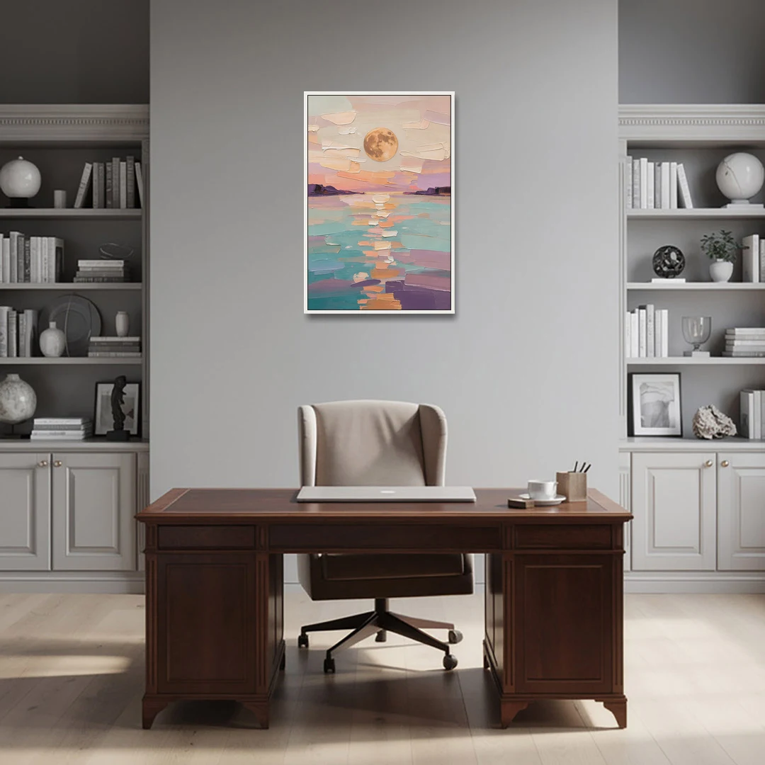 Apricot Moon Over a Teal Lagoon - White Framed Canvas Wall Art - Office - 24x36