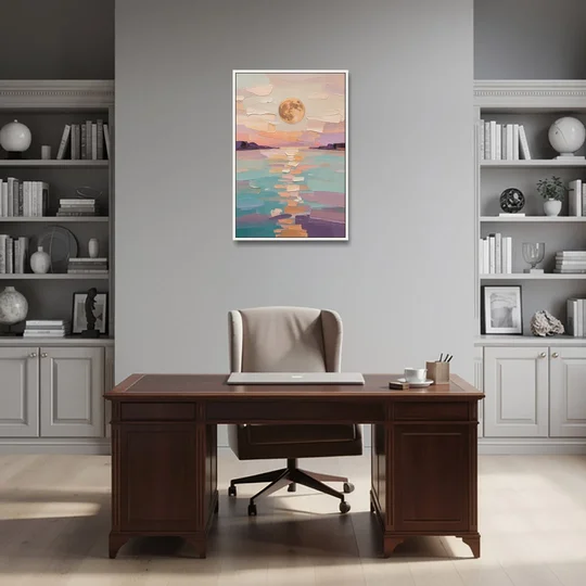 Apricot Moon Over a Teal Lagoon - White Framed Canvas Wall Art - Office - 24x36