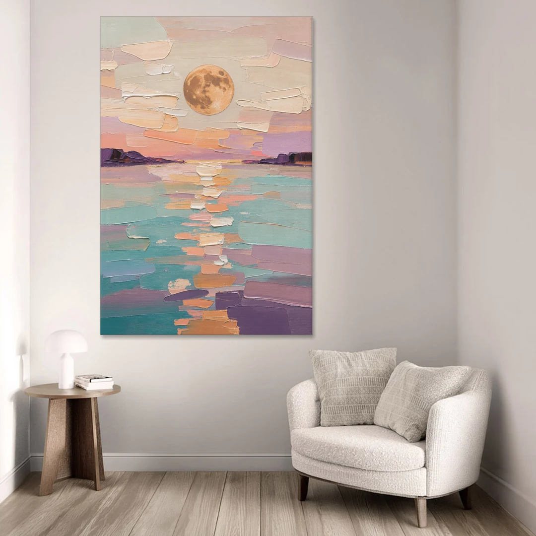Apricot Moon Over a Teal Lagoon - Canvas Wall Art - Sofa - 40x60
