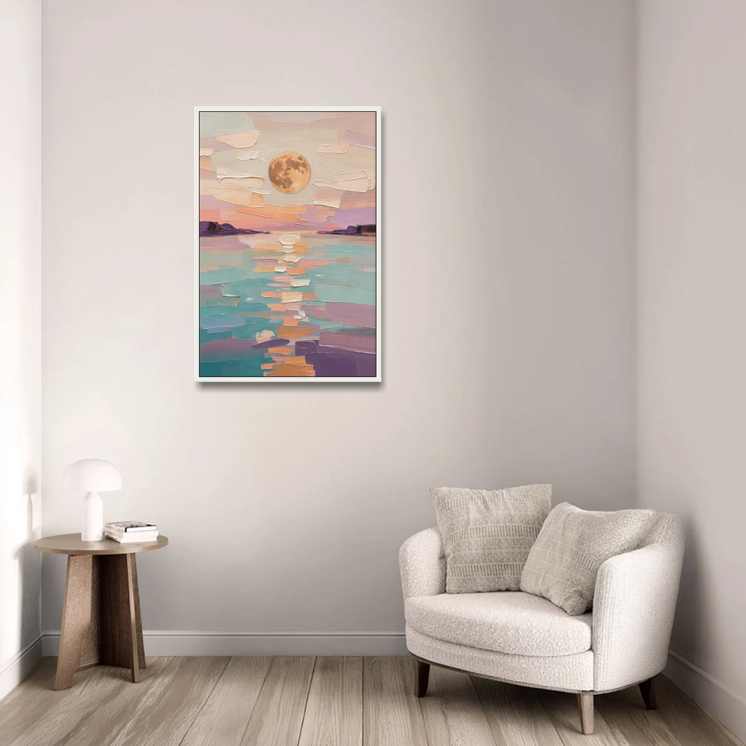 Apricot Moon Over a Teal Lagoon - White Framed Canvas Wall Art - Sofa - 24x36