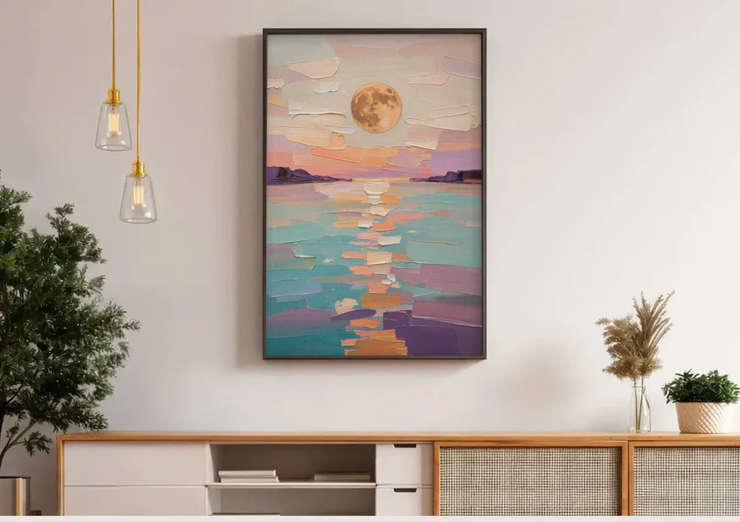 Apricot Moon Over a Teal Lagoon canvas wall art above a wooden sideboard under pendant lights