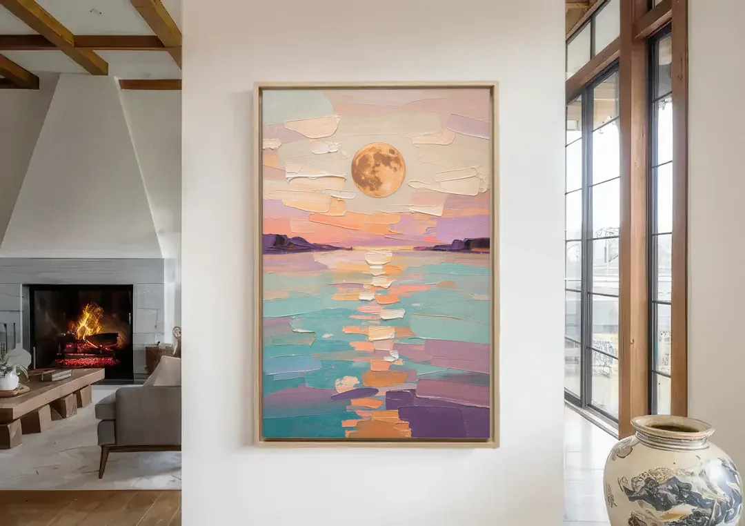 Apricot Moon Over a Teal Lagoon canvas wall art in a living room with a fireplace