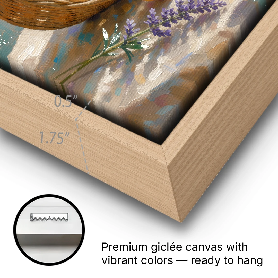 Apricots and Lavender Spilling from Wicker for the Kitchen - Oak Framed Canvas Wall Art - Gallery Wrap Corner