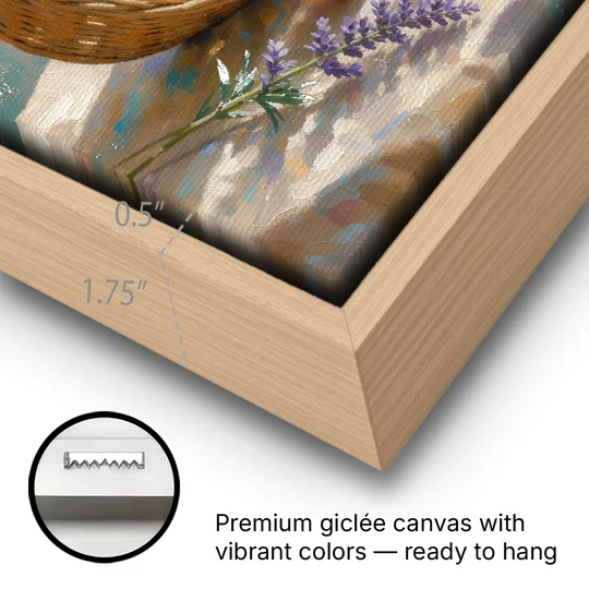 Apricots and Lavender Spilling from Wicker for the Kitchen - Oak Framed Canvas Wall Art - Gallery Wrap Corner