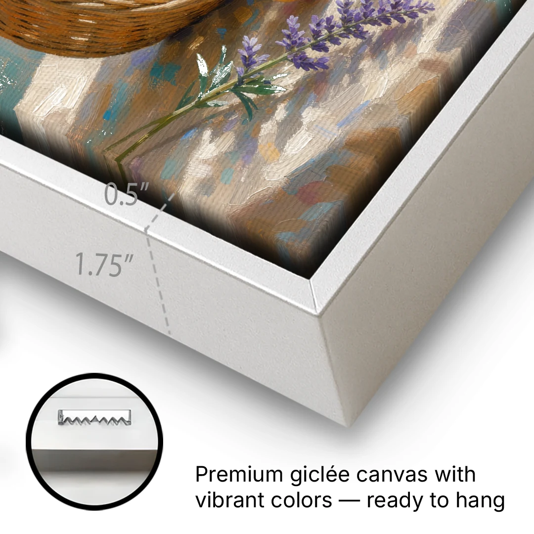 Apricots and Lavender Spilling from Wicker for the Kitchen - White Framed Canvas Wall Art - Gallery Wrap Corner