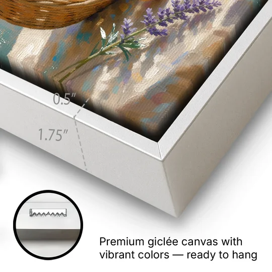 Apricots and Lavender Spilling from Wicker for the Kitchen - White Framed Canvas Wall Art - Gallery Wrap Corner