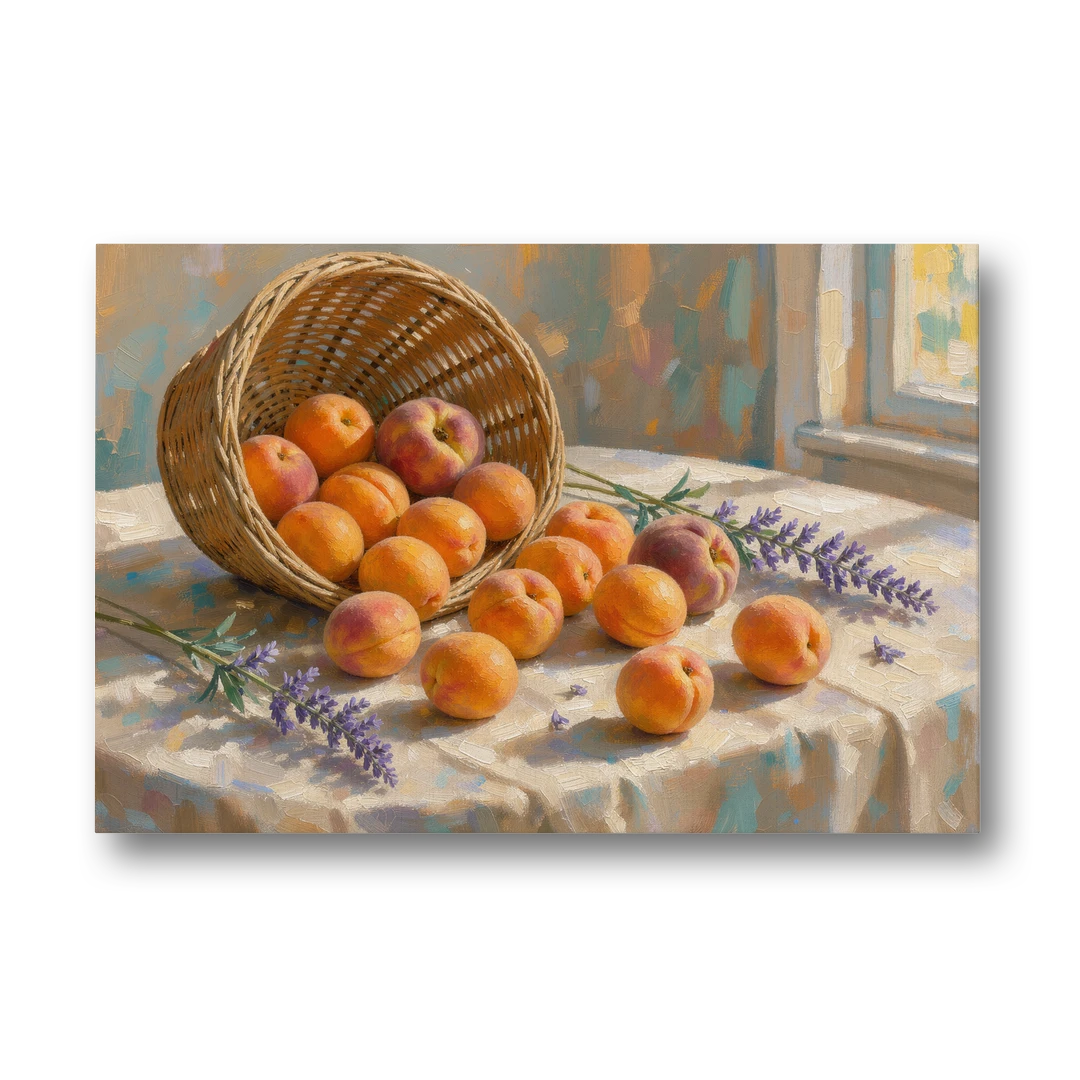 Apricots and Lavender Spilling from Wicker for the Kitchen - Canvas Wall Art - Front