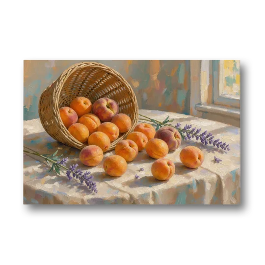 Apricots and Lavender Spilling from Wicker for the Kitchen - Canvas Wall Art - Front