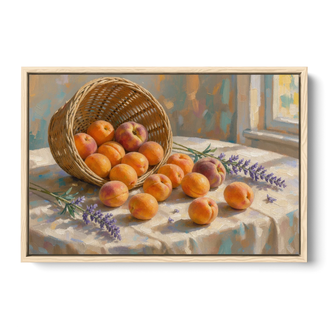 Apricots and Lavender Spilling from Wicker for the Kitchen - Oak Framed Canvas Wall Art - Front
