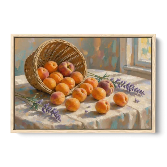 Apricots and Lavender Spilling from Wicker for the Kitchen - Oak Framed Canvas Wall Art - Front