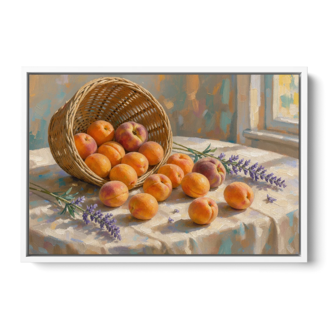 Apricots and Lavender Spilling from Wicker for the Kitchen - White Framed Canvas Wall Art - Front