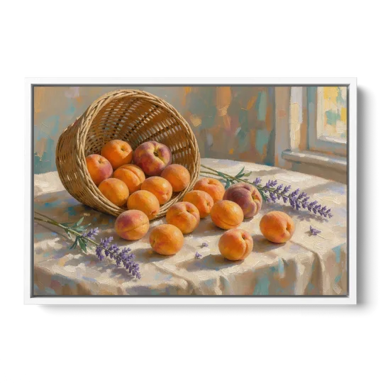 Apricots and Lavender Spilling from Wicker for the Kitchen - White Framed Canvas Wall Art - Front