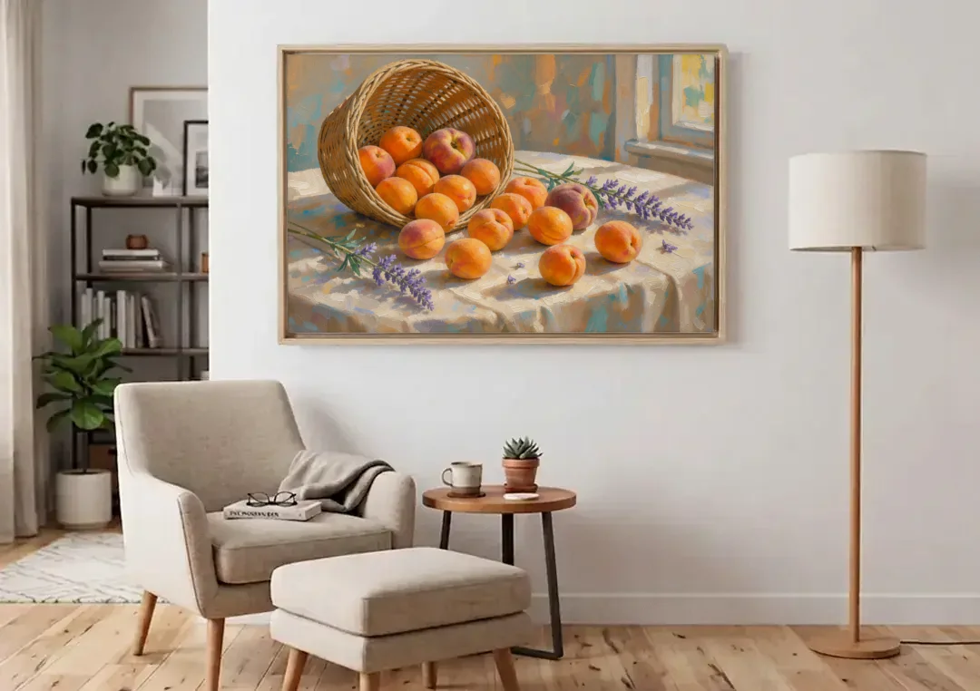 Apricots and Lavender Spilling from Wicker for the Kitchen canvas wall art above an armchair in a bright living room