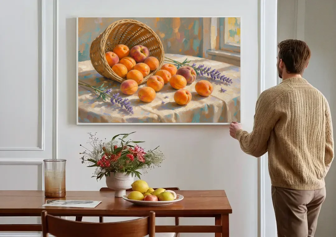 Apricots and Lavender Spilling from Wicker for the Kitchen canvas wall art above a dining table