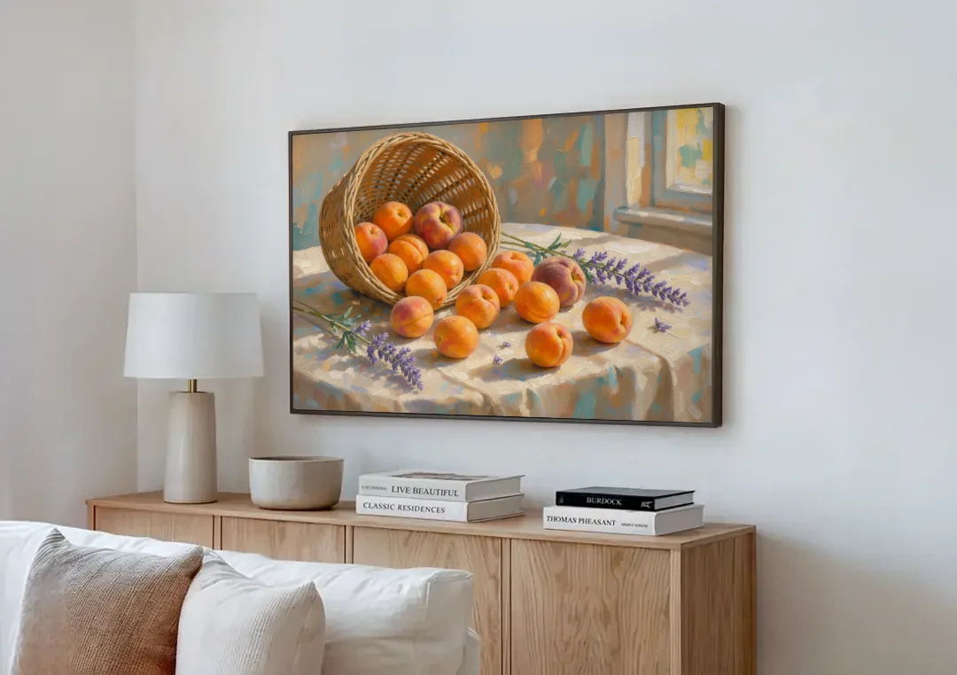 Apricots and Lavender Spilling from Wicker for the Kitchen canvas wall art above a wooden sideboard next to a sofa