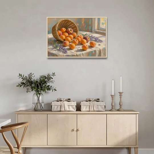 Apricots and Lavender Spilling from Wicker for the Kitchen - Oak Framed Canvas Wall Art - Coffee Table - 36x24