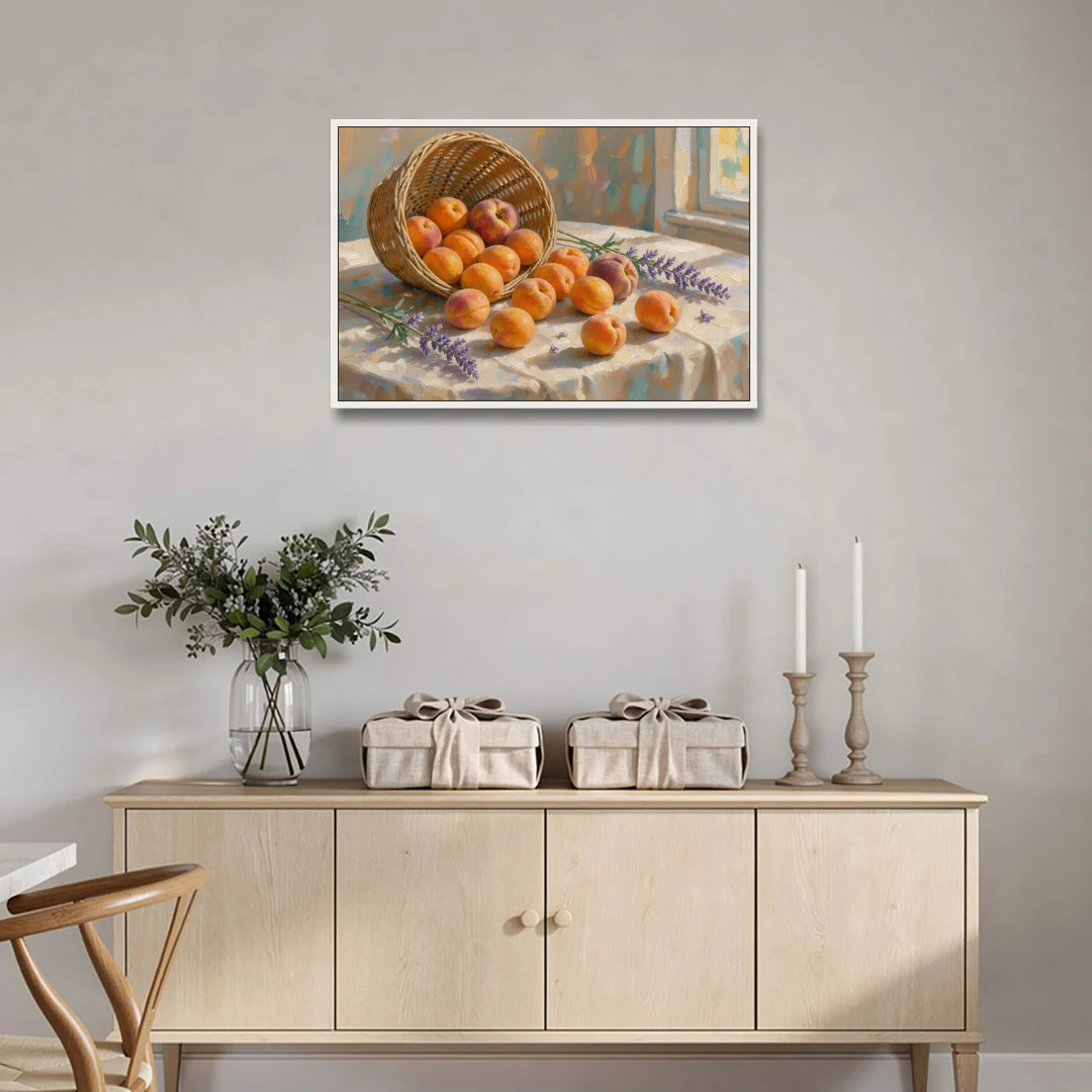 Apricots and Lavender Spilling from Wicker for the Kitchen - White Framed Canvas Wall Art - Coffee Table - 36x24
