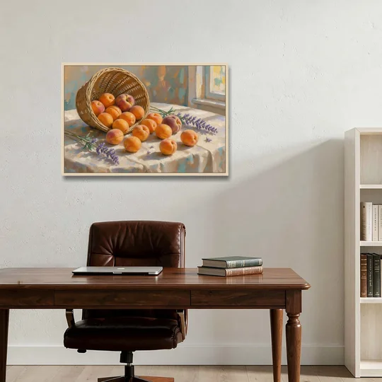 Apricots and Lavender Spilling from Wicker for the Kitchen - Oak Framed Canvas Wall Art - Office - 36x24