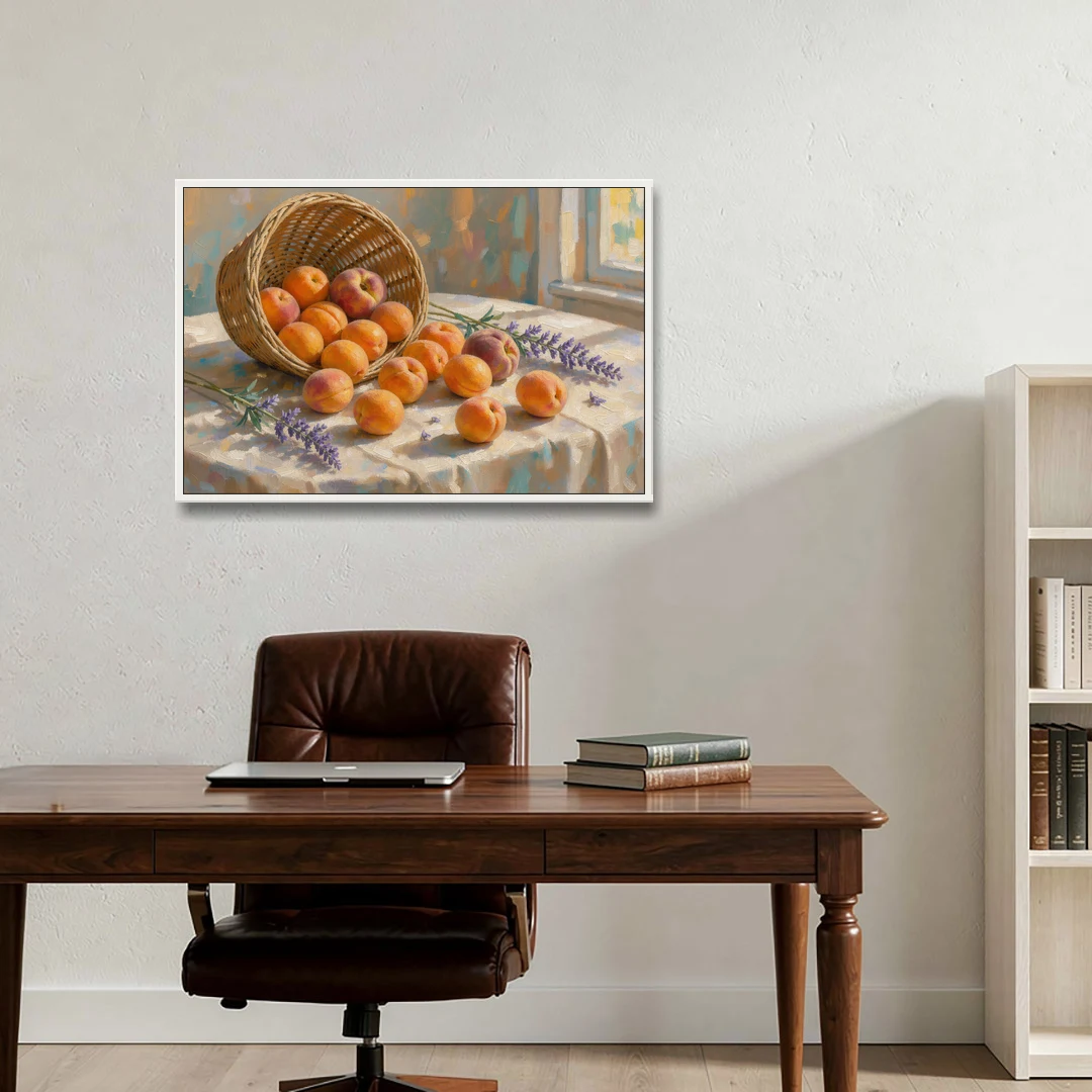Apricots and Lavender Spilling from Wicker for the Kitchen - White Framed Canvas Wall Art - Office - 36x24