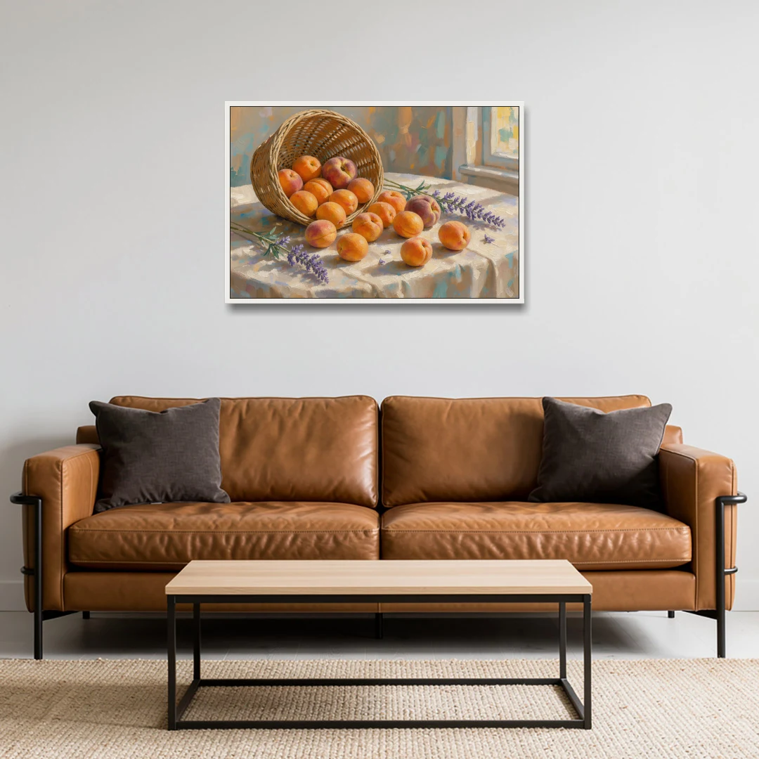 Apricots and Lavender Spilling from Wicker for the Kitchen - White Framed Canvas Wall Art - Sofa - 36x24
