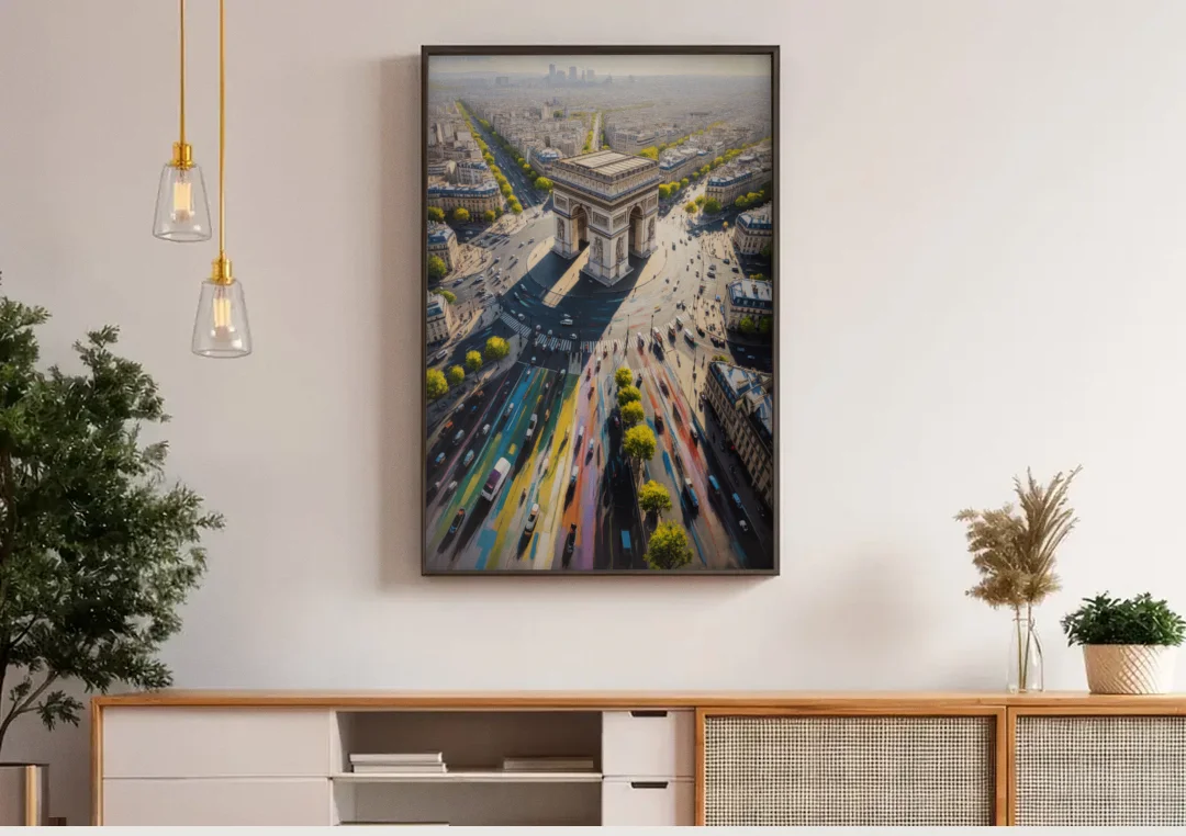 Arc de Triomphe Vista canvas wall art above a wooden sideboard under pendant lights