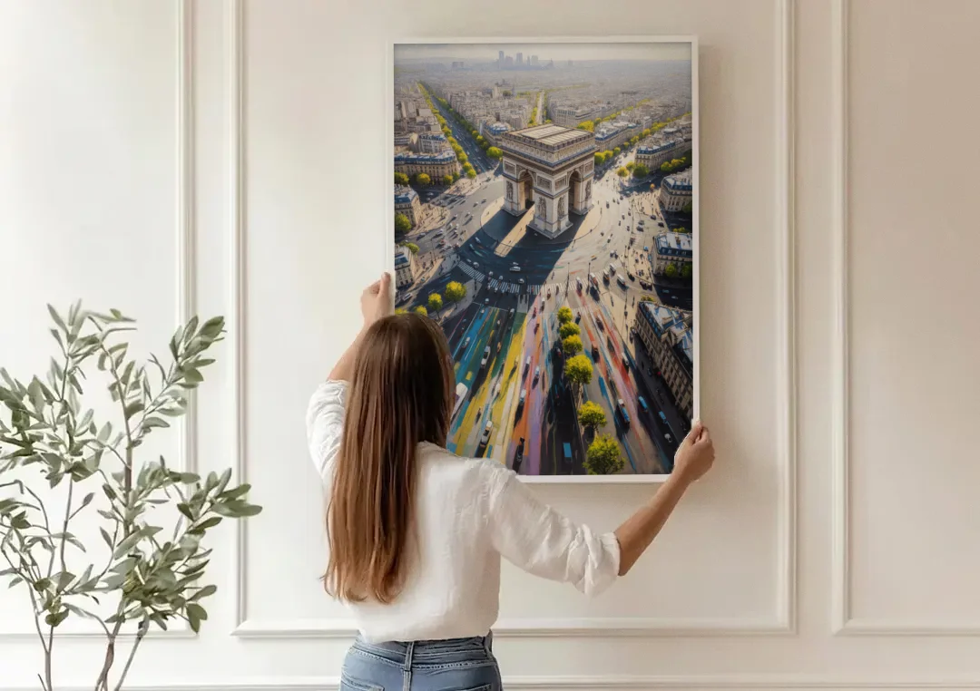 Arc de Triomphe Vista canvas wall art being hung on a paneled wall