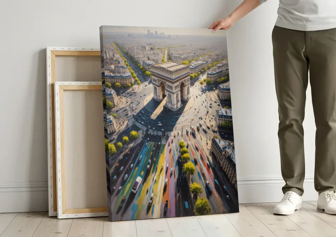 Arc de Triomphe Vista canvas wall art leaning against a wall next to blank canvases