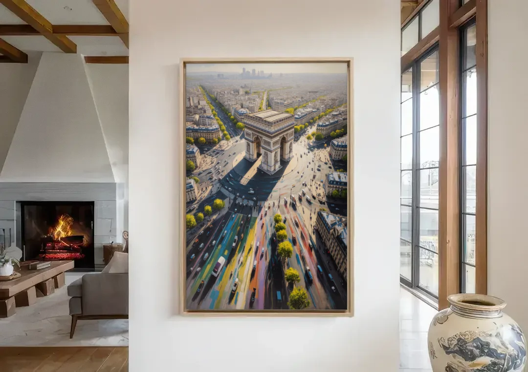 Arc de Triomphe Vista canvas wall art in a living room with a fireplace