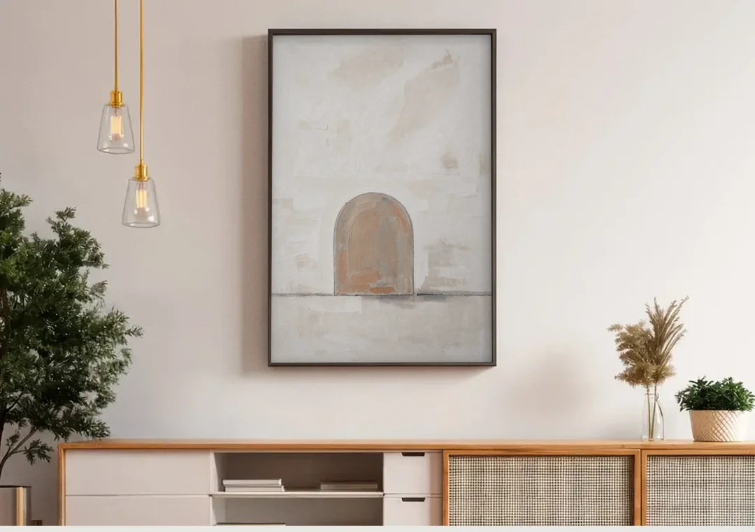 Arch Wall Art of a Brick Dust Niche canvas wall art above a wooden sideboard under pendant lights