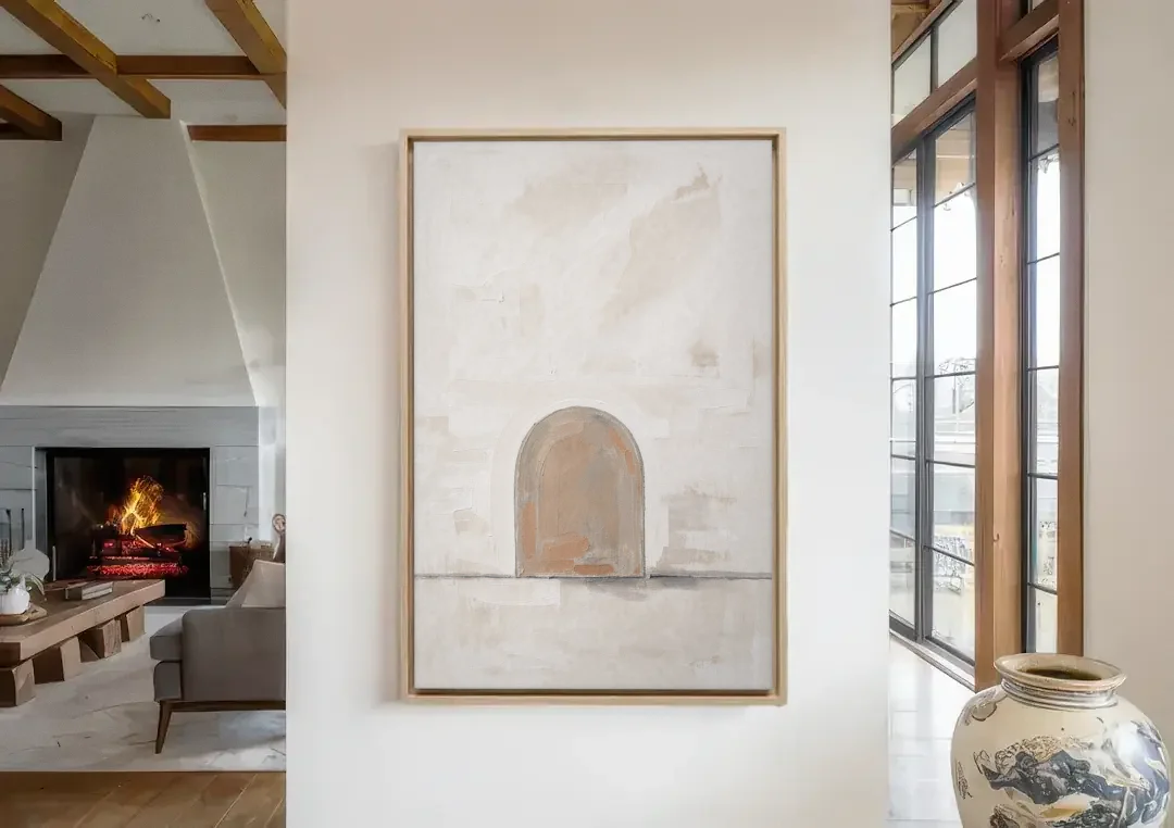 Arch Wall Art of a Brick Dust Niche canvas wall art in a living room with a fireplace