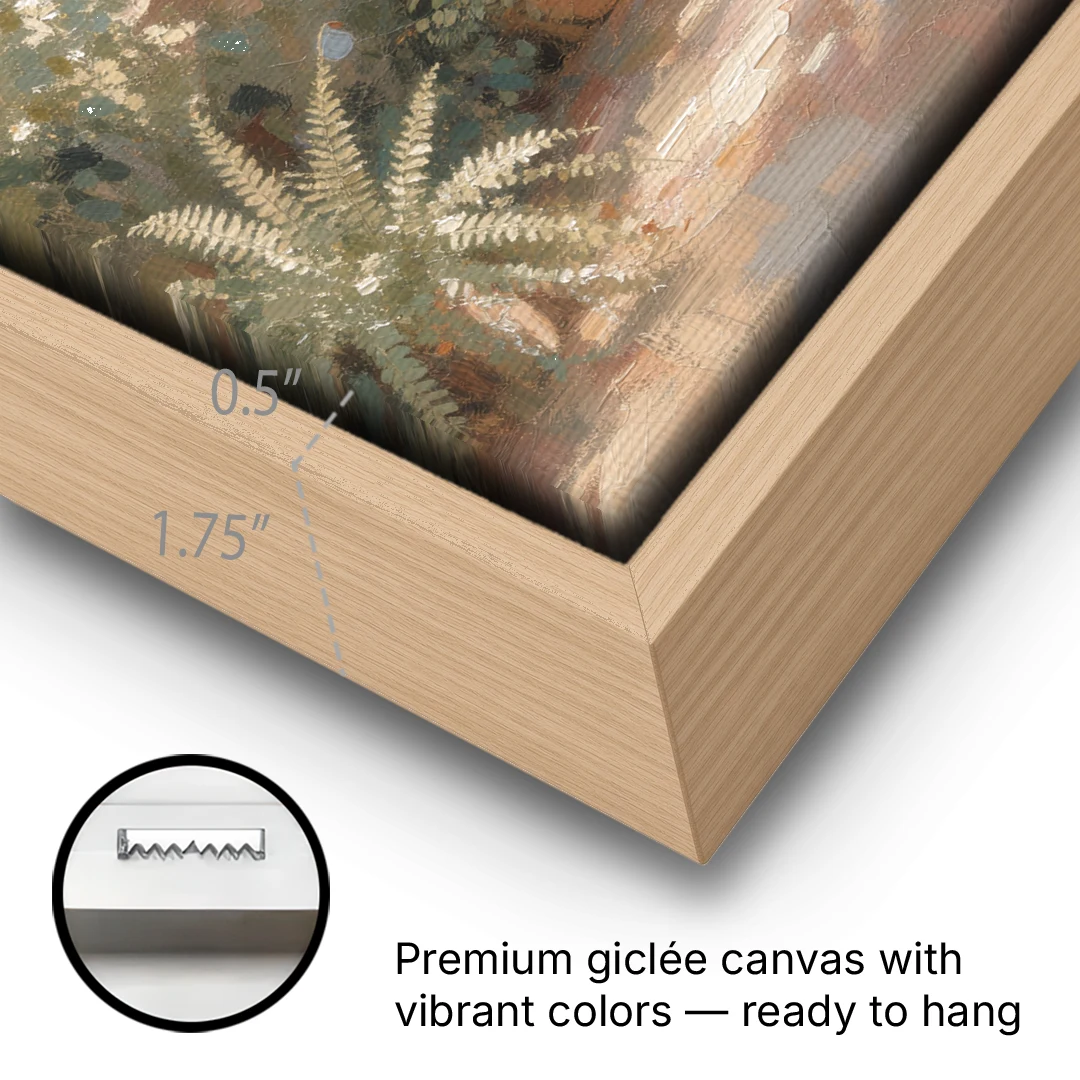 Arched Window Painting with Morning Ferns - Oak Framed Canvas Wall Art - Gallery Wrap Corner
