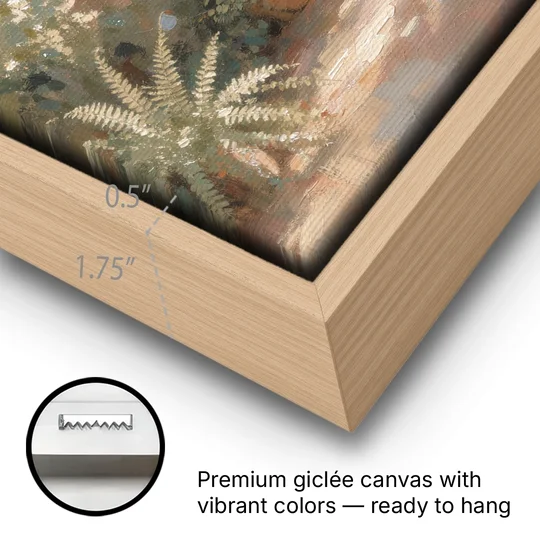Arched Window Painting with Morning Ferns - Oak Framed Canvas Wall Art - Gallery Wrap Corner