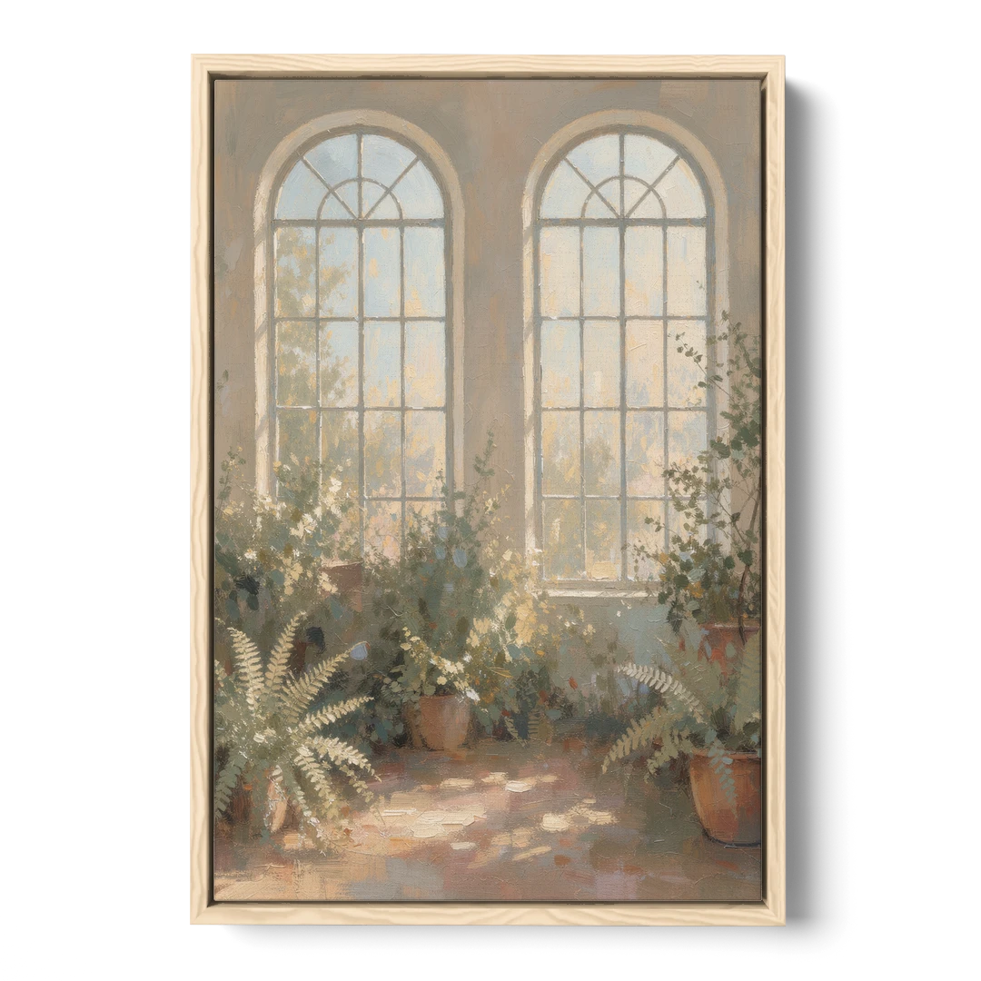 Arched Window Painting with Morning Ferns - Oak Framed Canvas Wall Art - Front