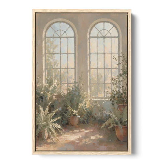 Arched Window Painting with Morning Ferns - Oak Framed Canvas Wall Art - Front