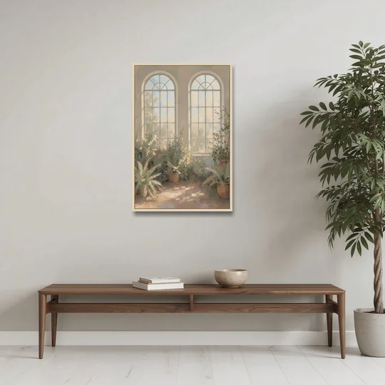 Arched Window Painting with Morning Ferns - Oak Framed Canvas Wall Art - Coffee Table - 24x36
