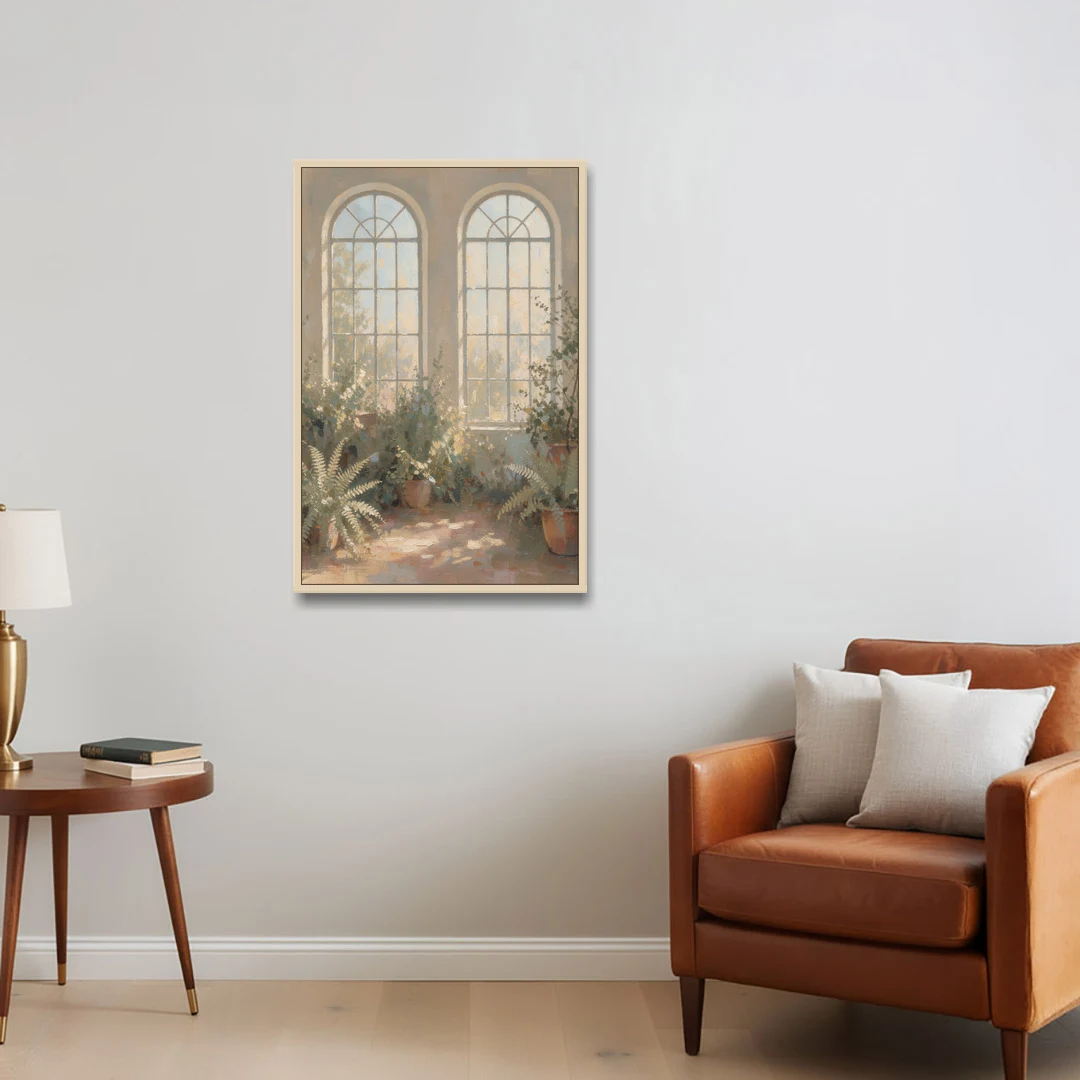 Arched Window Painting with Morning Ferns - Oak Framed Canvas Wall Art - Sofa - 24x36