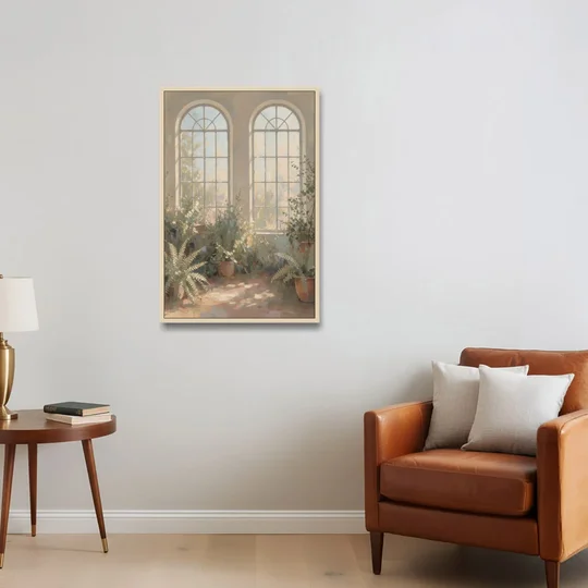 Arched Window Painting with Morning Ferns - Oak Framed Canvas Wall Art - Sofa - 24x36