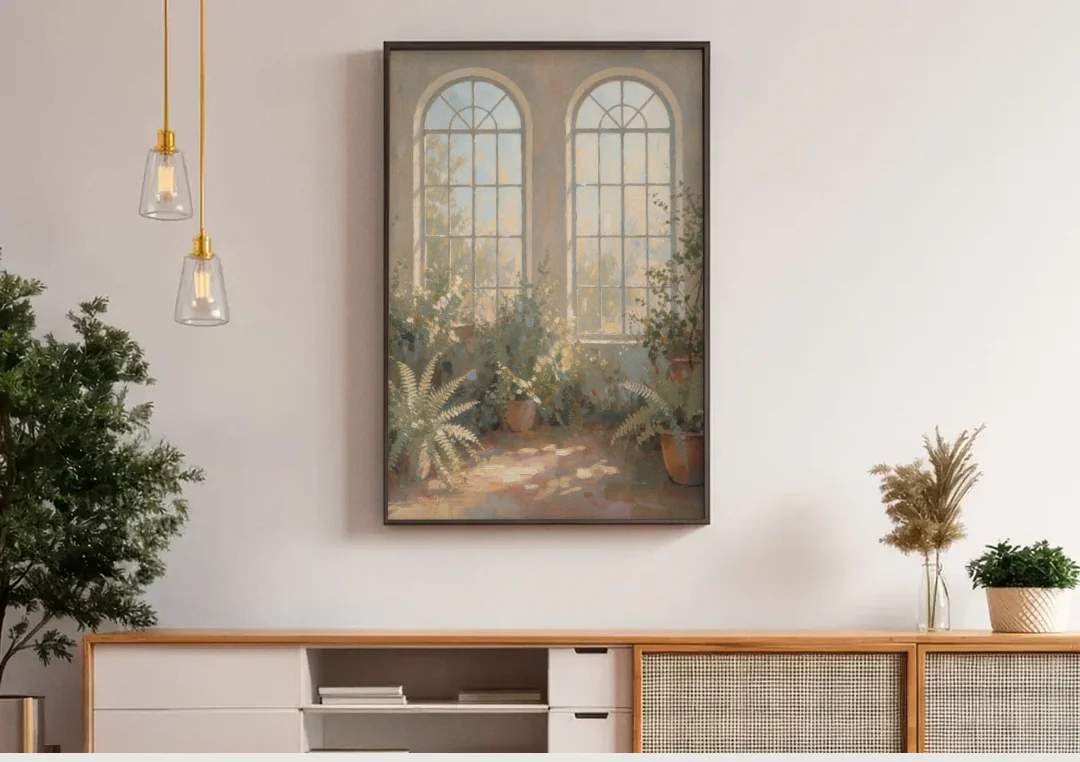 Arched Window Painting with Morning Ferns canvas wall art above a wooden sideboard under pendant lights