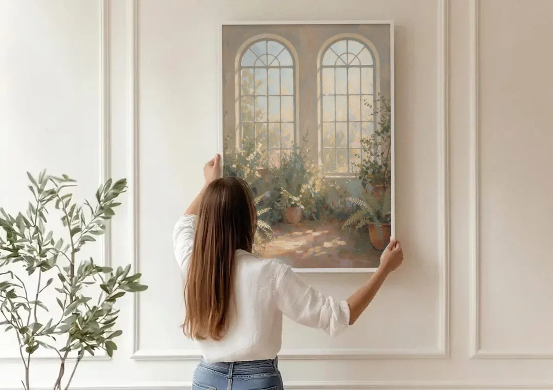 Arched Window Painting with Morning Ferns canvas wall art being hung on a paneled wall